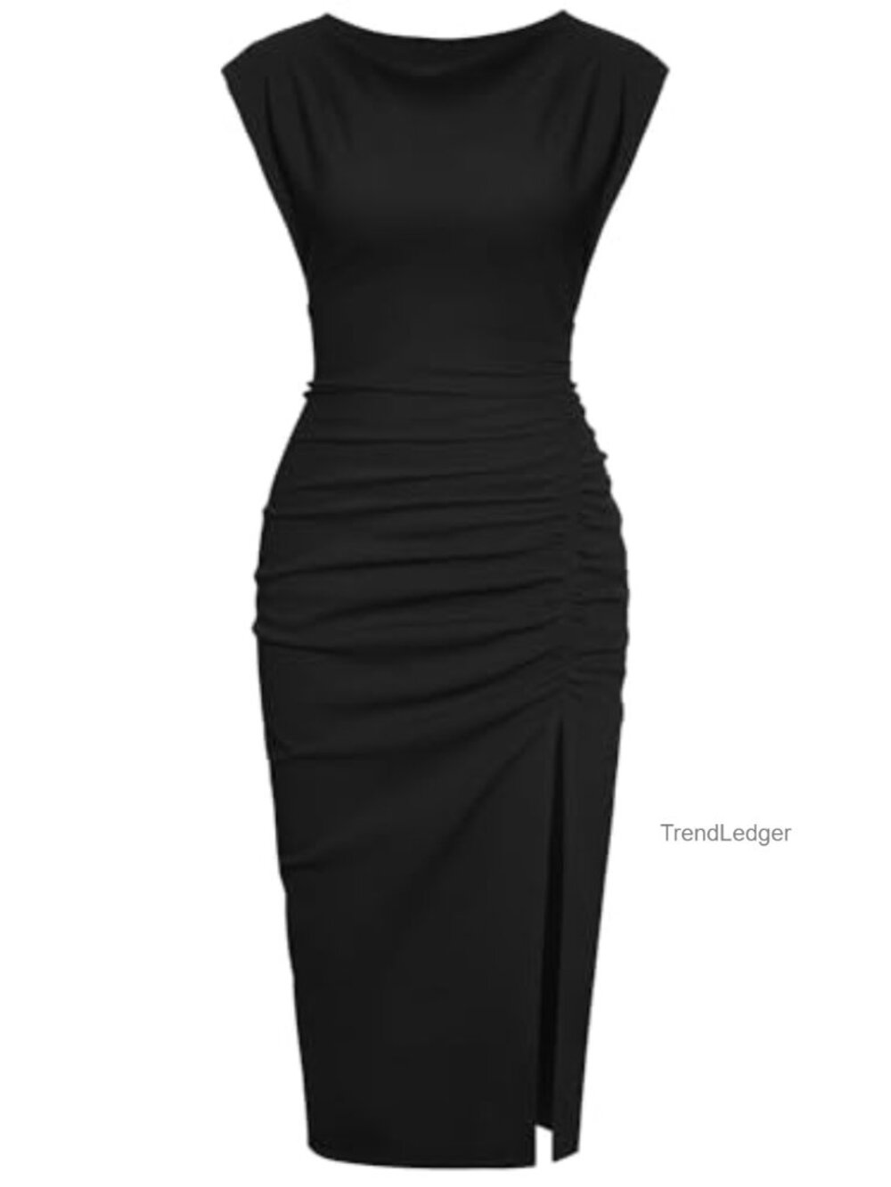 Mock Neck Side Slit Ruched Bodycon Cocktail Party Wedding Guest Midi Dress